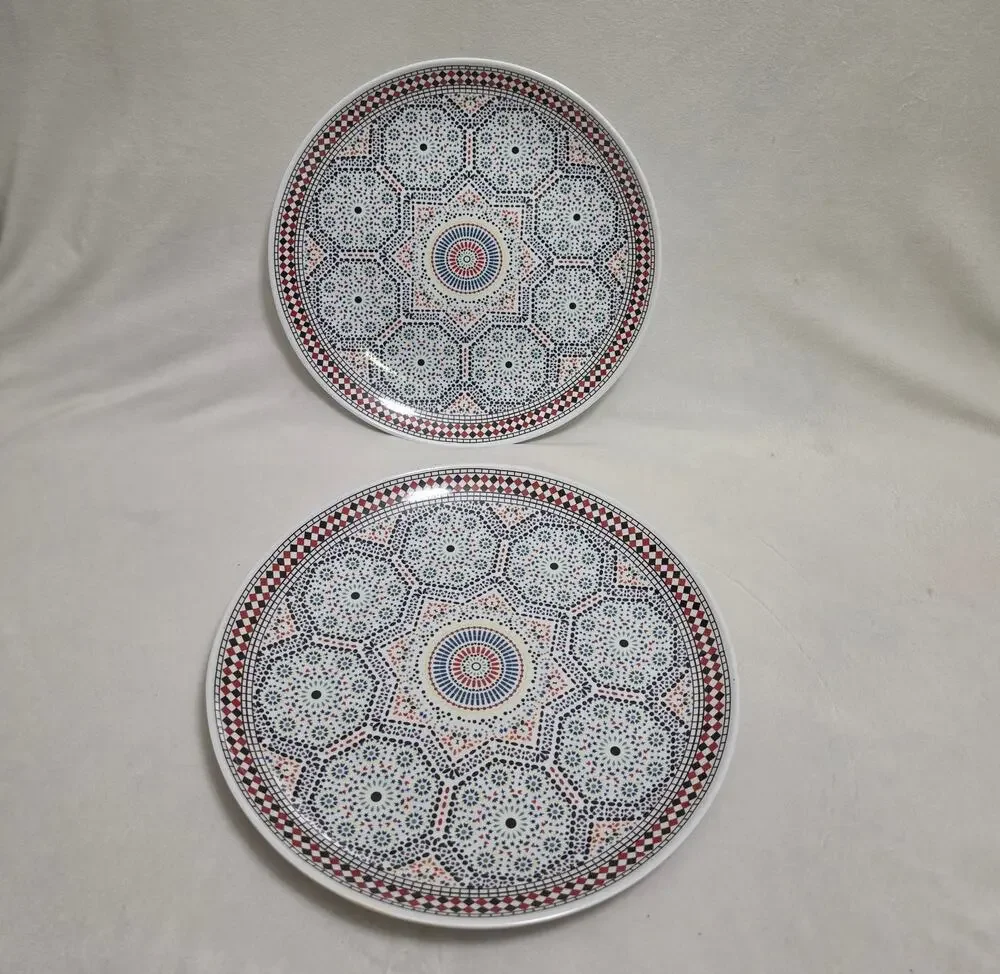 Vintage Style Melamine Ware Moroccan Zellige Mosaic Serving Plates - Set of 2